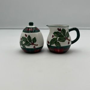 Vintage Christmas creamer and lidded sugar set Pacific Rim HollyBerry